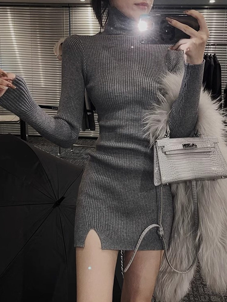 Bodycon Long Sleeve Ribbed Dress - Robe courte moulante en tricot pour