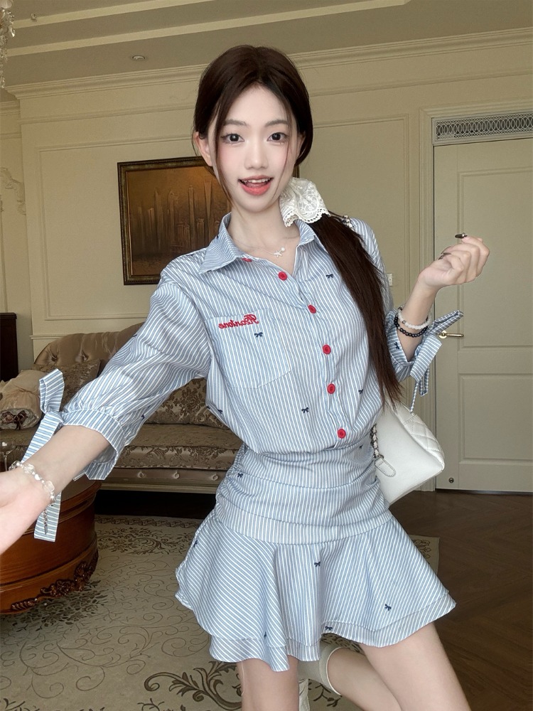 Korean Style A Line Shirt Dress - Robe chemise rayée décontractée style coréen
