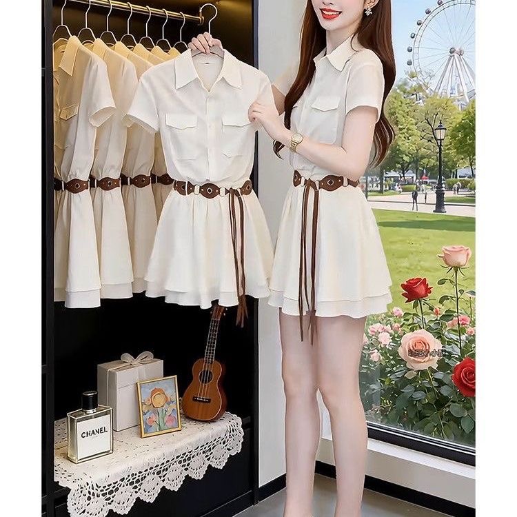 Korean Style A Line Shirt Dress - Robe chemise à manches courtes de