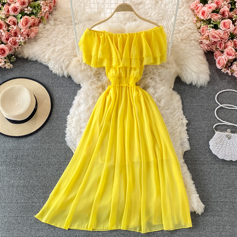 Off Shoulder Puff Sleeve Sundress - Robe de Plage Jaune pour Femme