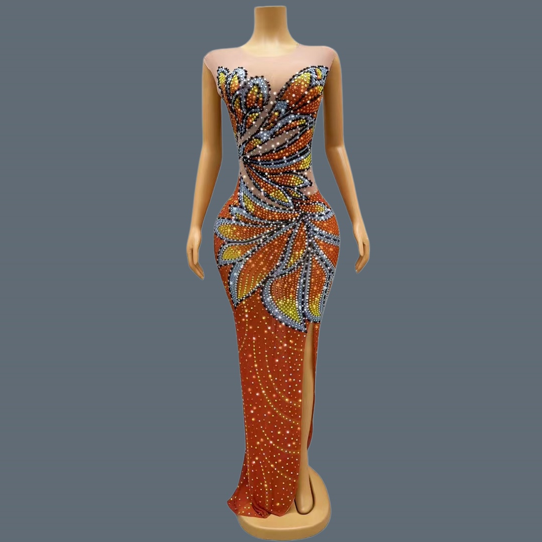 Sparkly Rhinestone Club Party Dress - Robe longue sans manches en maille