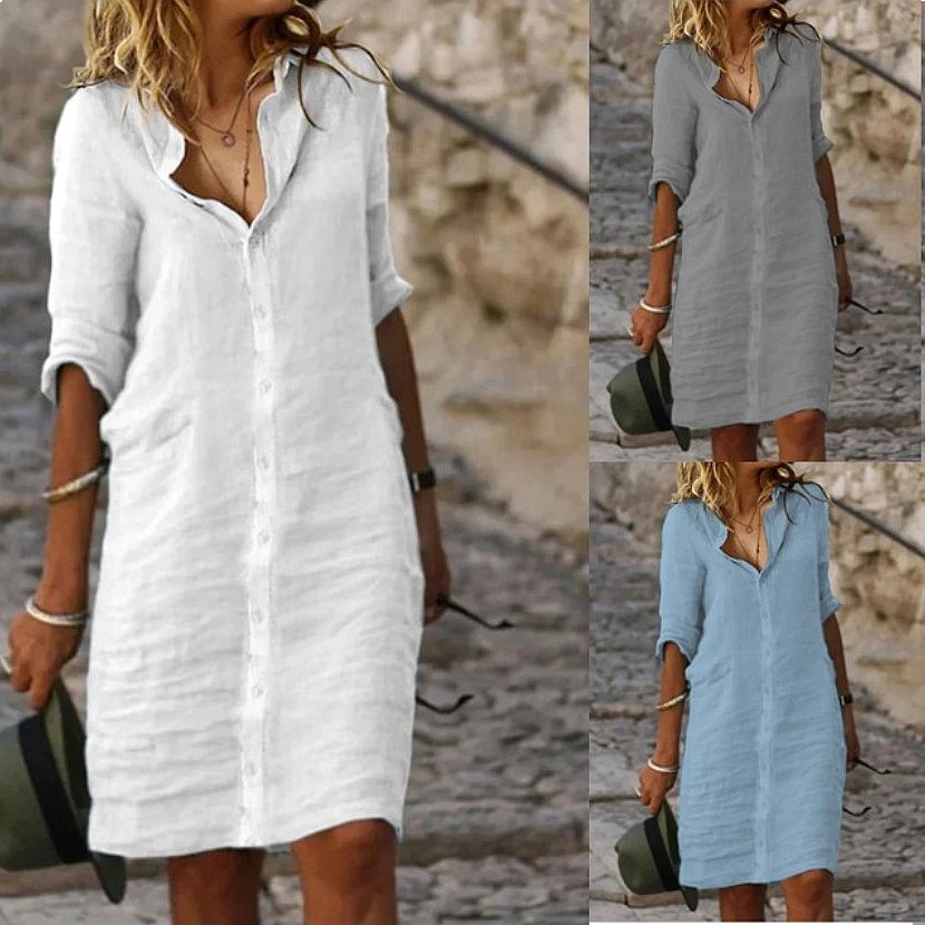 Casual Loose Linen Shirt Dress - Robe chemise mi-longue ample à boutons