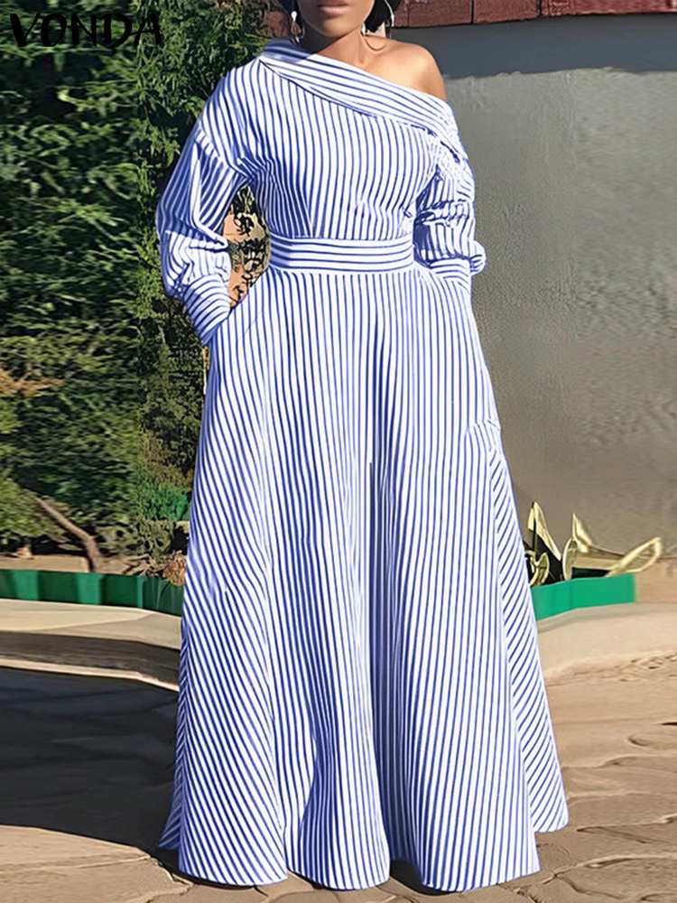 Off Shoulder Puff Sleeve Sundress - VONDA-Robe maxi rayée élégante pour femme,