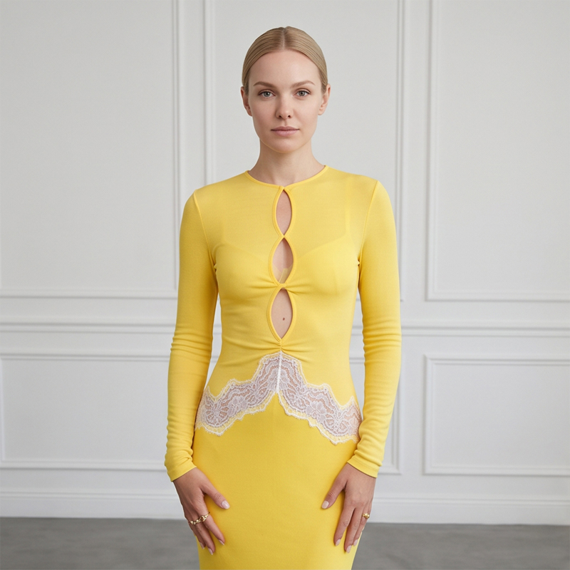 Bodycon Long Sleeve Ribbed Dress - Robe longue moulante jaune en dentelle