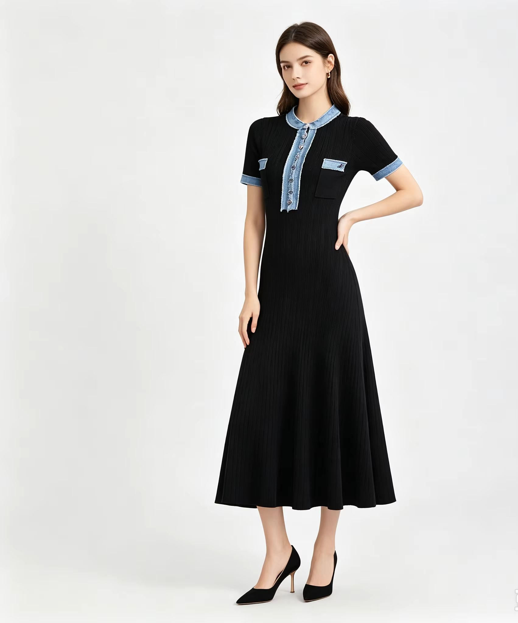 Bodycon Long Sleeve Ribbed Dress - Robe longue sirène en maille côtelée,