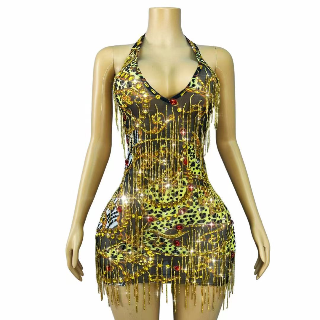 Sparkly Rhinestone Club Party Dress - Robe Courte Moulante Scintillante Dorée à