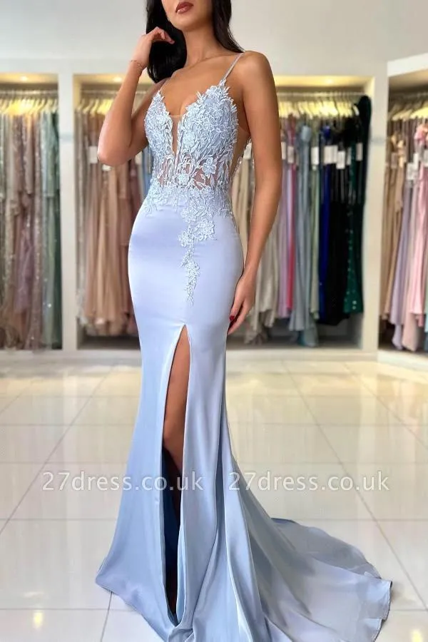Elegant Satin Evening Gown Split - Robes de bal sirène élégantes bleu
