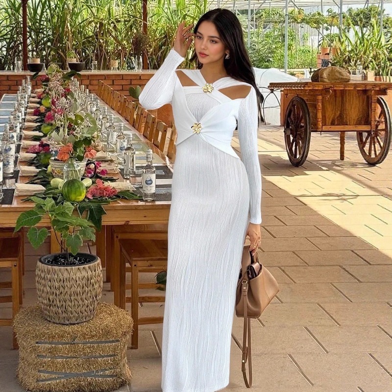 Bodycon Long Sleeve Ribbed Dress - Robe de soirée côtelée pour femmes,