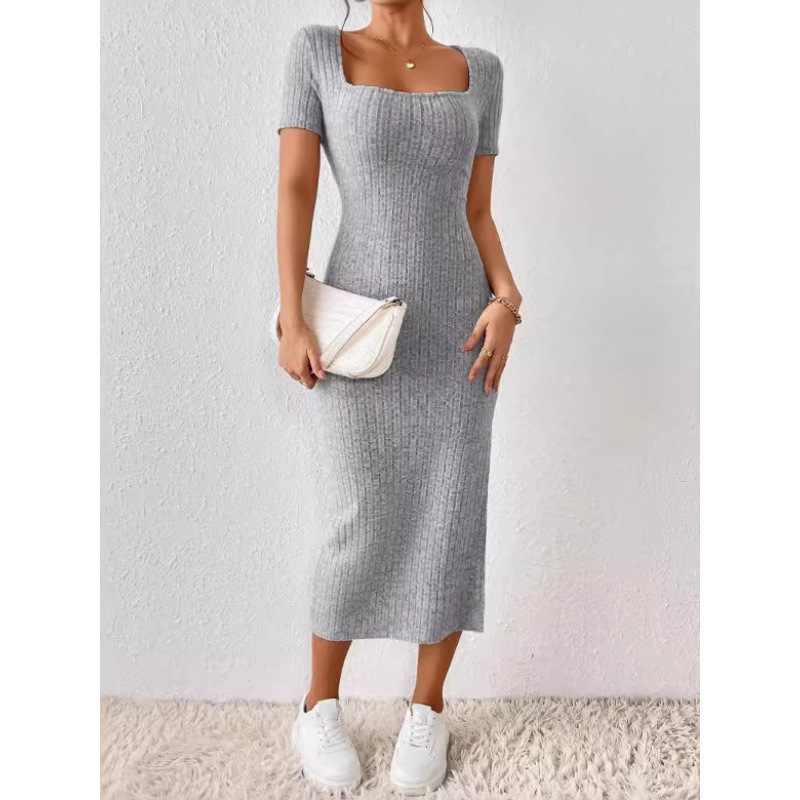 Bodycon Long Sleeve Ribbed Dress - Robe midi en tricot côtelé vintage
