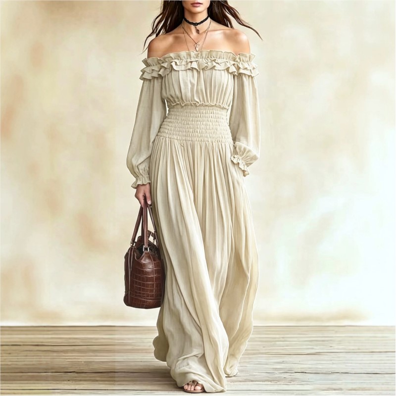 Off Shoulder Puff Sleeve Sundress - Robe longue à épaules dénudées pour