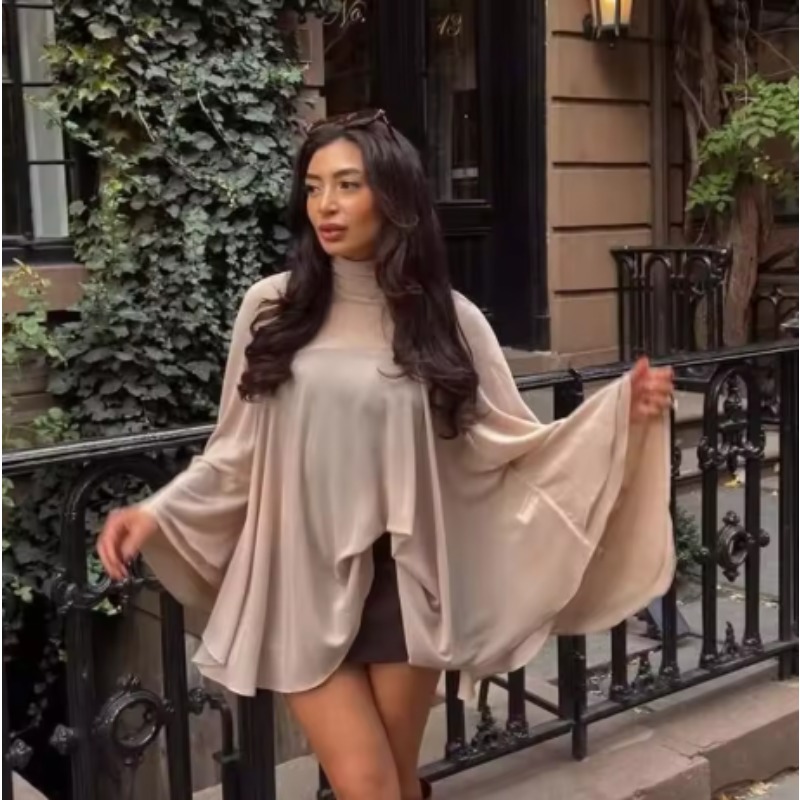 Blouses - Blouse beige à col montant, manches