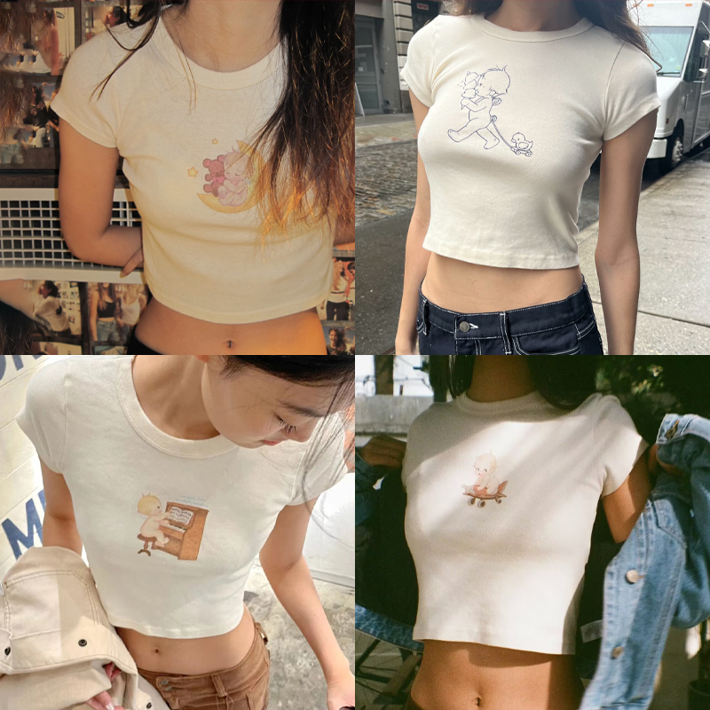 Y2K Graphic Baby Tee Crop - T-shirt à manches courtes et col