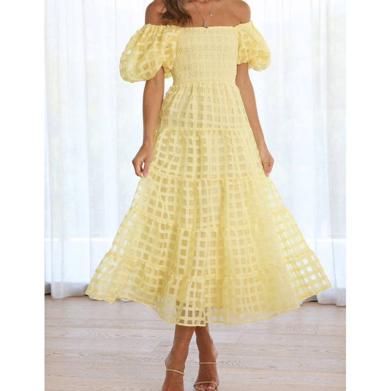 Off Shoulder Puff Sleeve Sundress - Robe longue d'été élégante pour femmes,