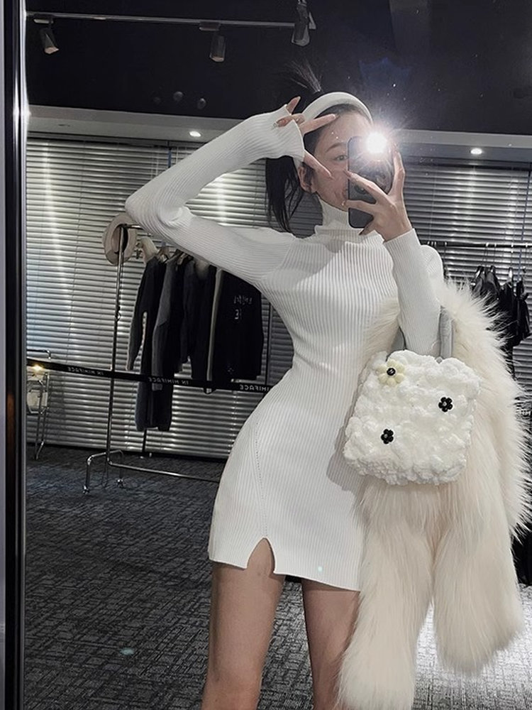Robe courte moulante en tricot - Bodycon Long Sleeve Ribbed Dress avis et prix