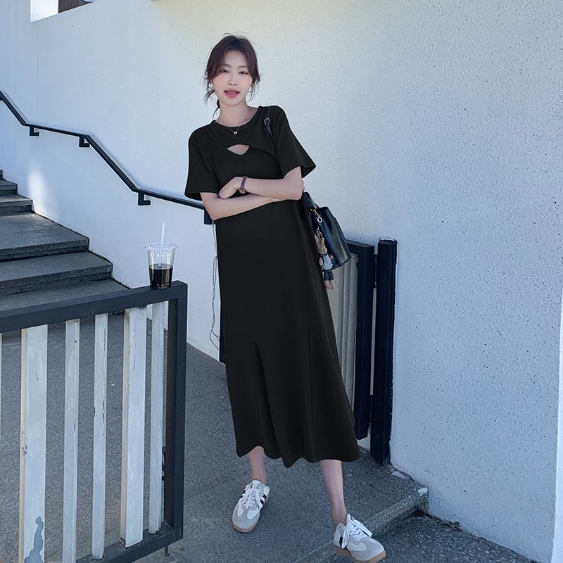 Robe T-shirt midi à manches co - Korean Style A Line Shirt Dress avis et prix