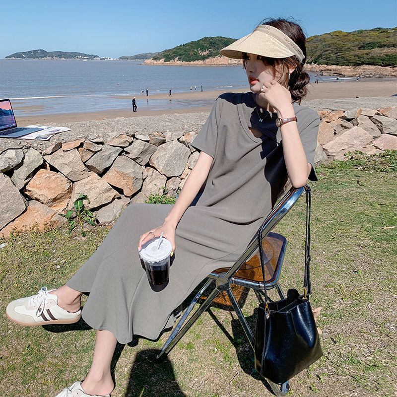 Robe T-shirt midi à manches co - Korean Style A Line Shirt Dress avis et prix