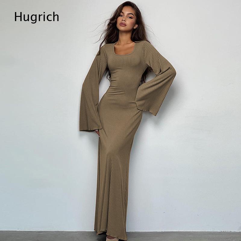 Robe longue élégante en maille - Bodycon Long Sleeve Ribbed Dress avis et prix