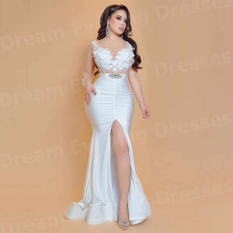 Robes de soirée sirène blanche - Elegant Satin Evening Gown Split avis et prix