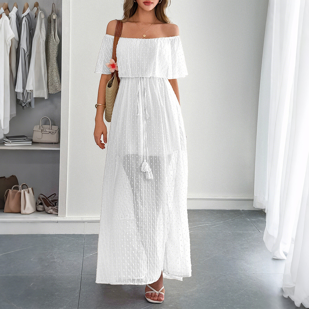 Robe longue élégante pour femm - Off Shoulder Puff Sleeve Sundress avis et prix
