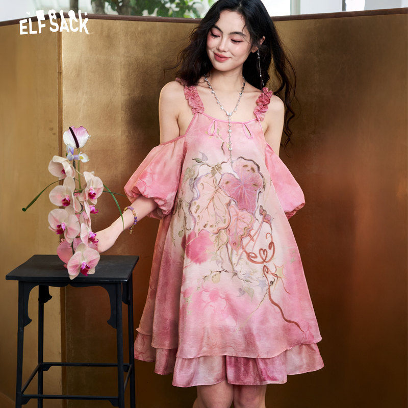 ELFSACK Robe en mousseline de  - Off Shoulder Puff Sleeve Sundress avis et prix