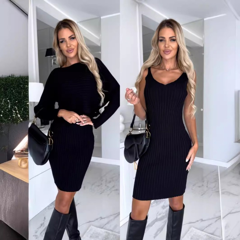 Nouvel ensemble chic et sexy 2 - Bodycon Long Sleeve Ribbed Dress avis et prix