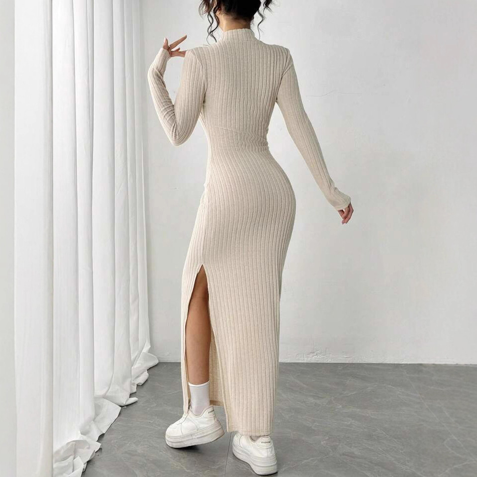 Robe moulante élégante à col r - Bodycon Long Sleeve Ribbed Dress avis et prix