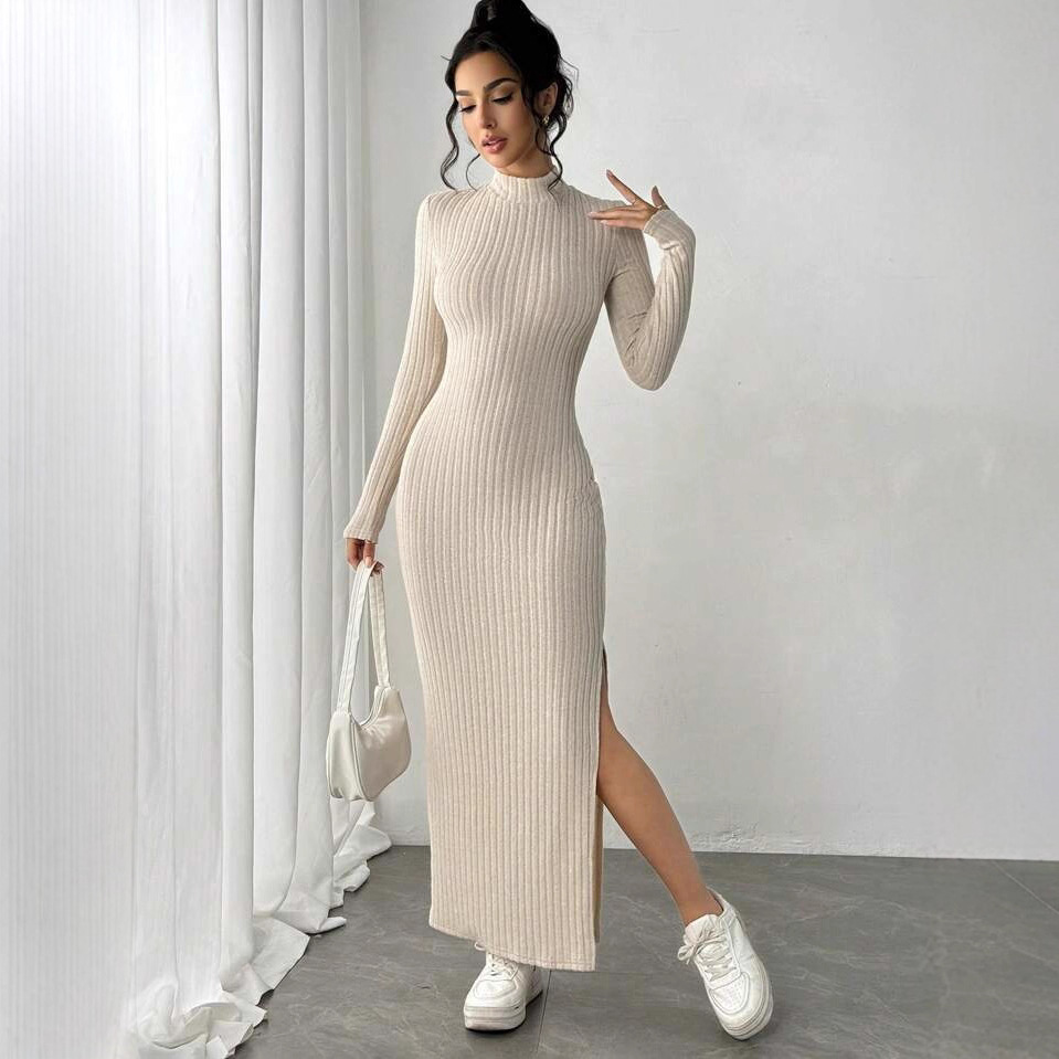 Robe moulante élégante à col r - Bodycon Long Sleeve Ribbed Dress avis et prix