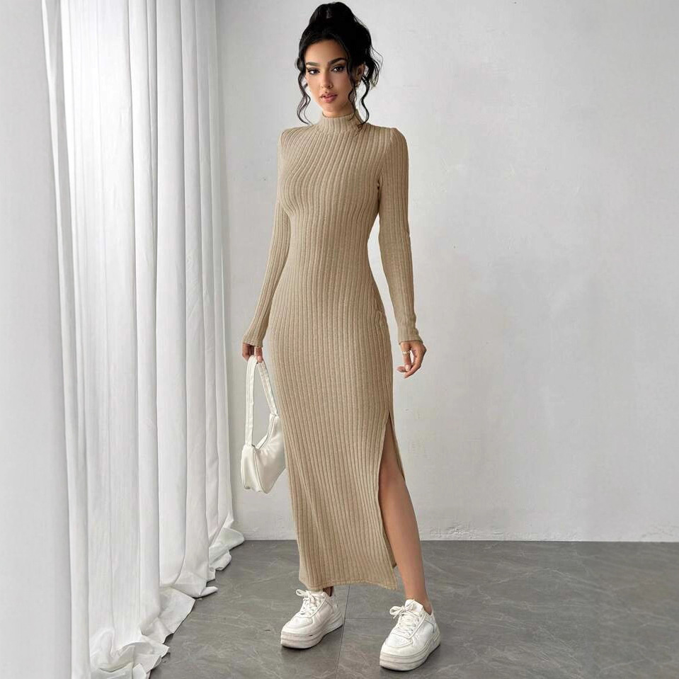 Robe moulante élégante à col r - Bodycon Long Sleeve Ribbed Dress avis et prix