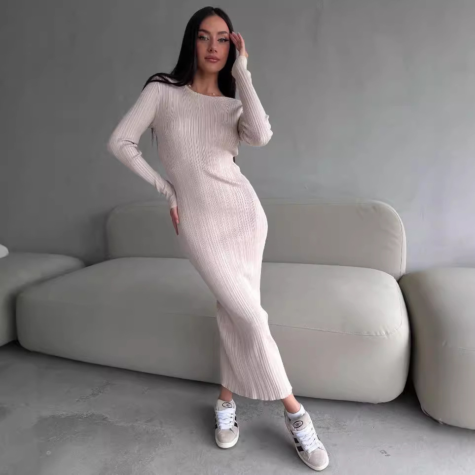 Robe longue moulante élégante  - Bodycon Long Sleeve Ribbed Dress avis et prix