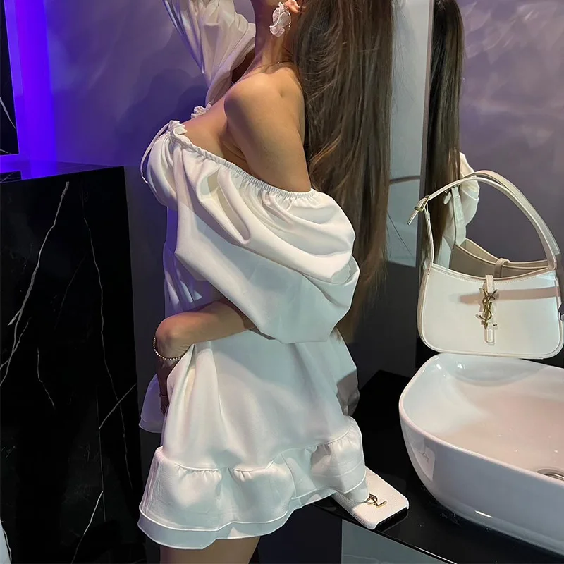 Mini robes d'été à épaules dén - Off Shoulder Puff Sleeve Sundress avis et prix