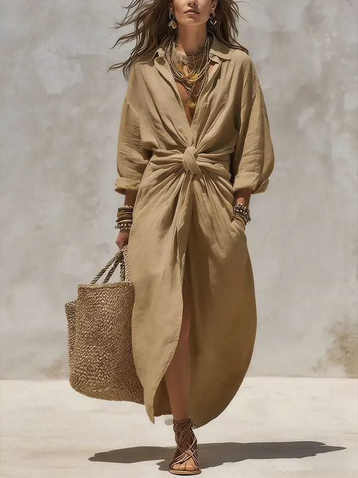 Robe chemise longue en lin et  - Casual Loose Linen Shirt Dress avis et prix