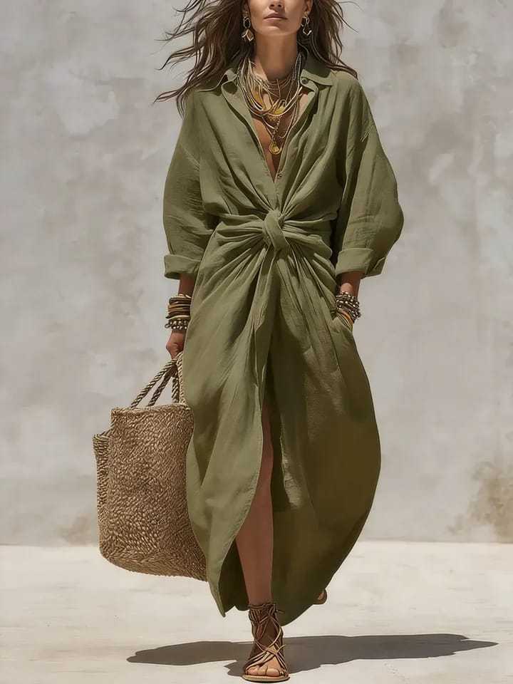 Robe chemise longue en lin et  - Casual Loose Linen Shirt Dress avis et prix