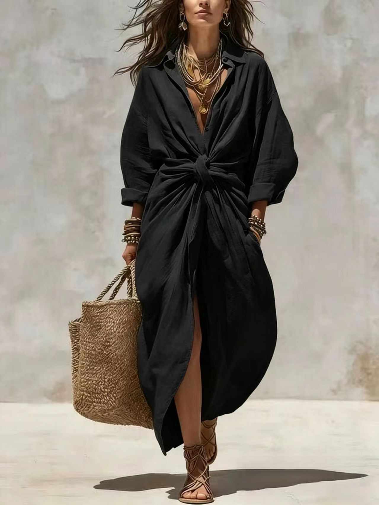 Robe chemise longue en lin et  - Casual Loose Linen Shirt Dress avis et prix