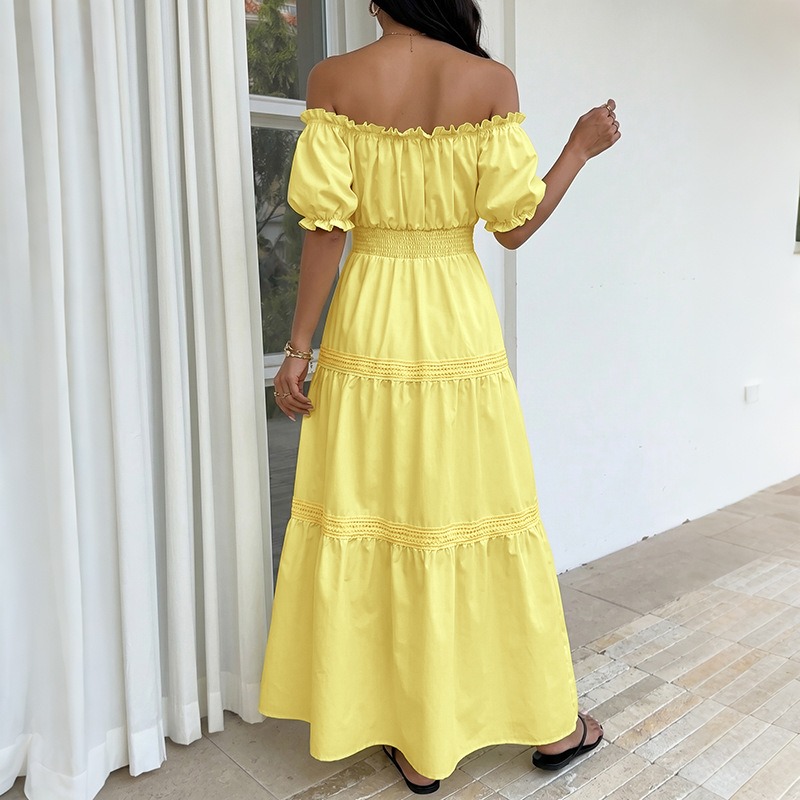 Robe longue d'été bohème jaune - Off Shoulder Puff Sleeve Sundress avis et prix