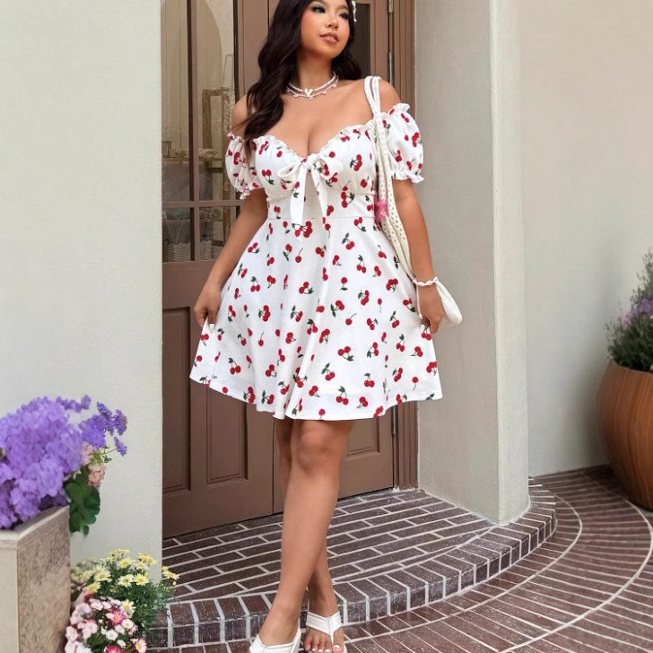 Robe d'été pour femme à imprim - Off Shoulder Puff Sleeve Sundress avis et prix