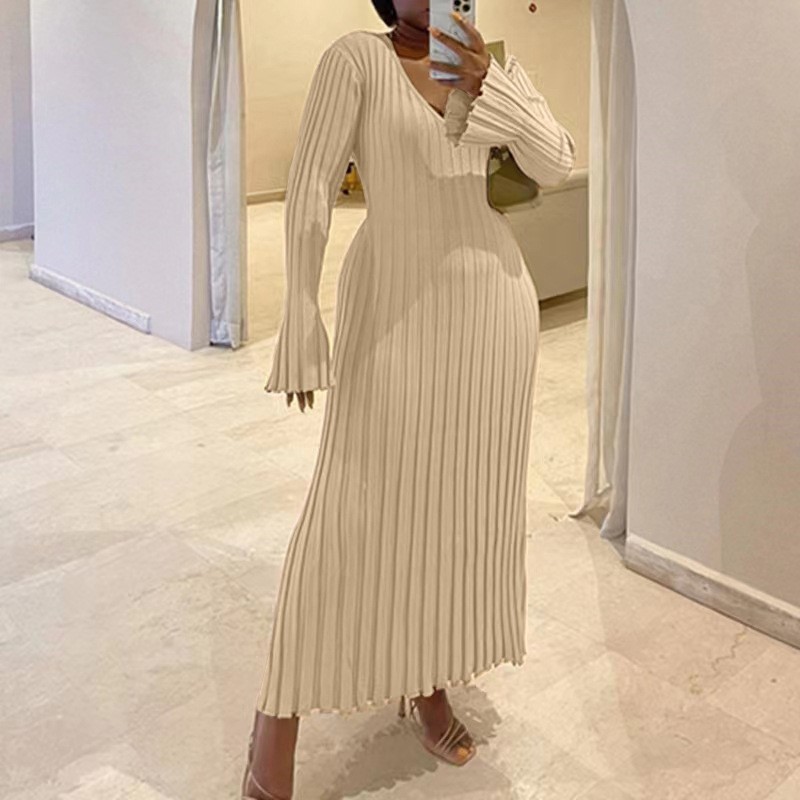 Femme automne col en v jupe en - Bodycon Long Sleeve Ribbed Dress avis et prix