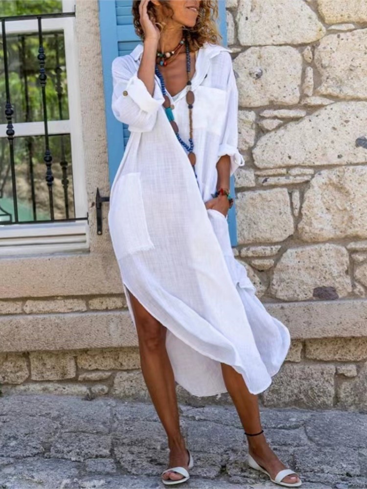 Robe chemise à manches longues - Casual Loose Linen Shirt Dress avis et prix