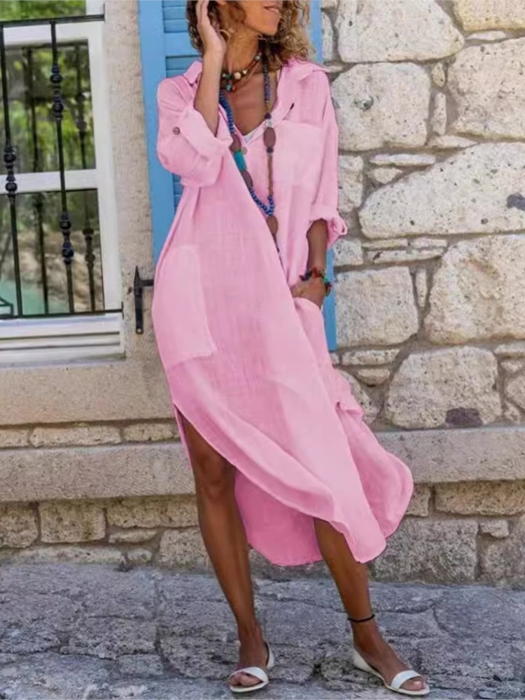 Robe chemise à manches longues - Casual Loose Linen Shirt Dress avis et prix