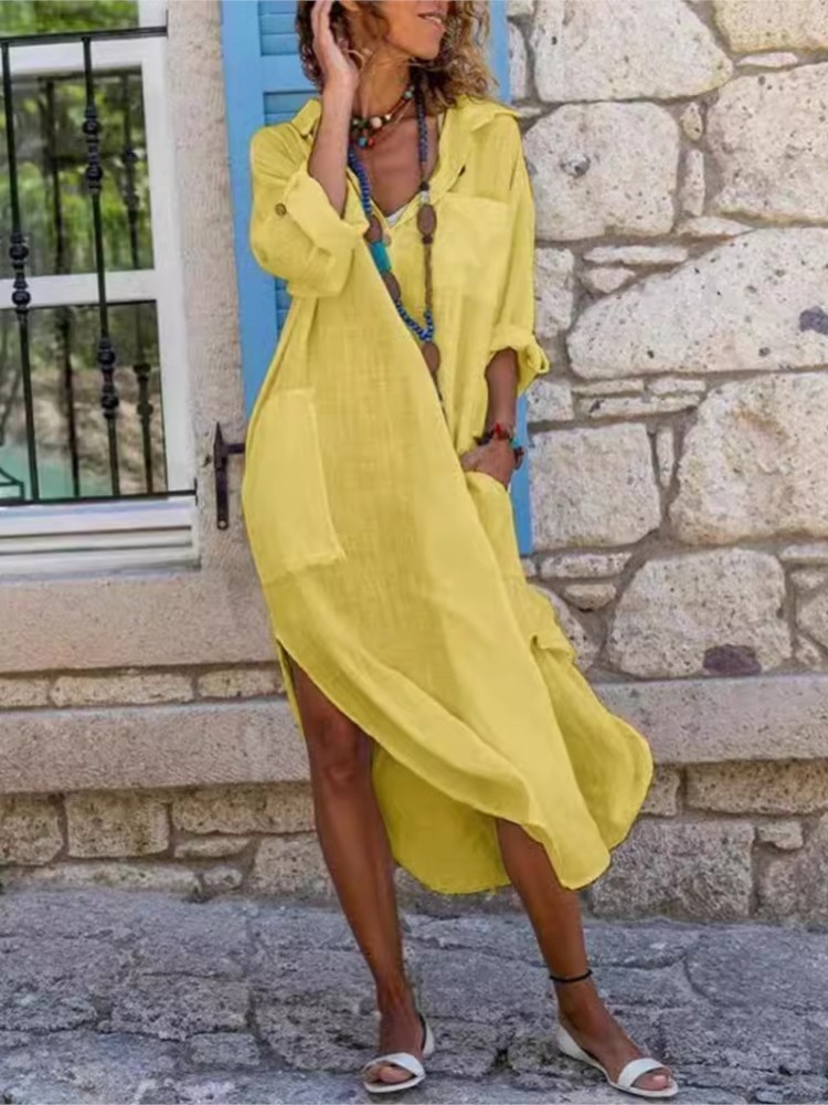 Robe chemise à manches longues - Casual Loose Linen Shirt Dress avis et prix