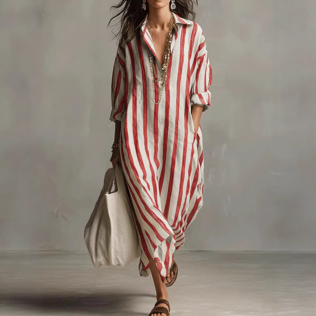 Robe longue décontractée et él - Casual Loose Linen Shirt Dress avis et prix