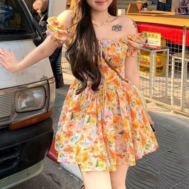 Robe Courte Décontractée Orang - Off Shoulder Puff Sleeve Sundress avis et prix